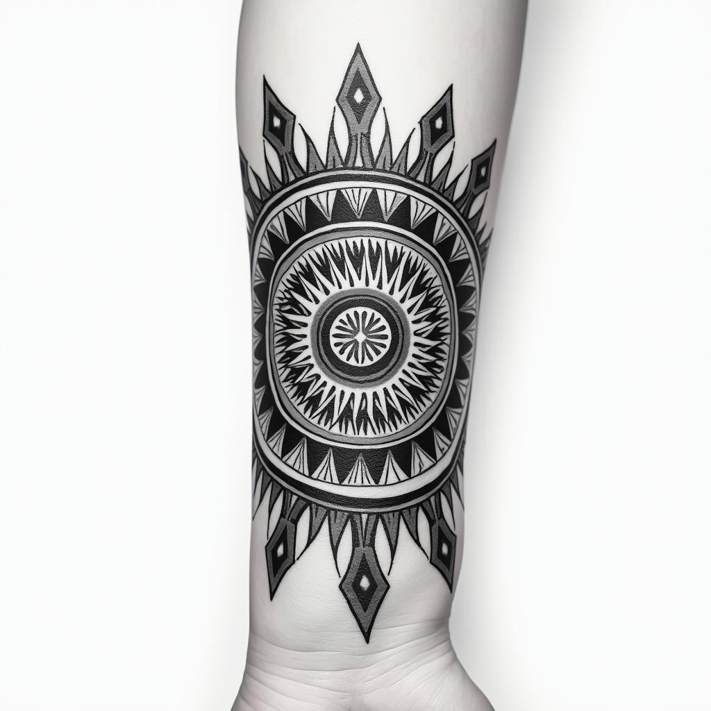 A wide Aztec wristband tattoo featuring geometric designs, incorporating the powerful symbol of the sun, inspired by Aztec culture and history, in black and grey tones.higly detailed tattoo - Variation 2
