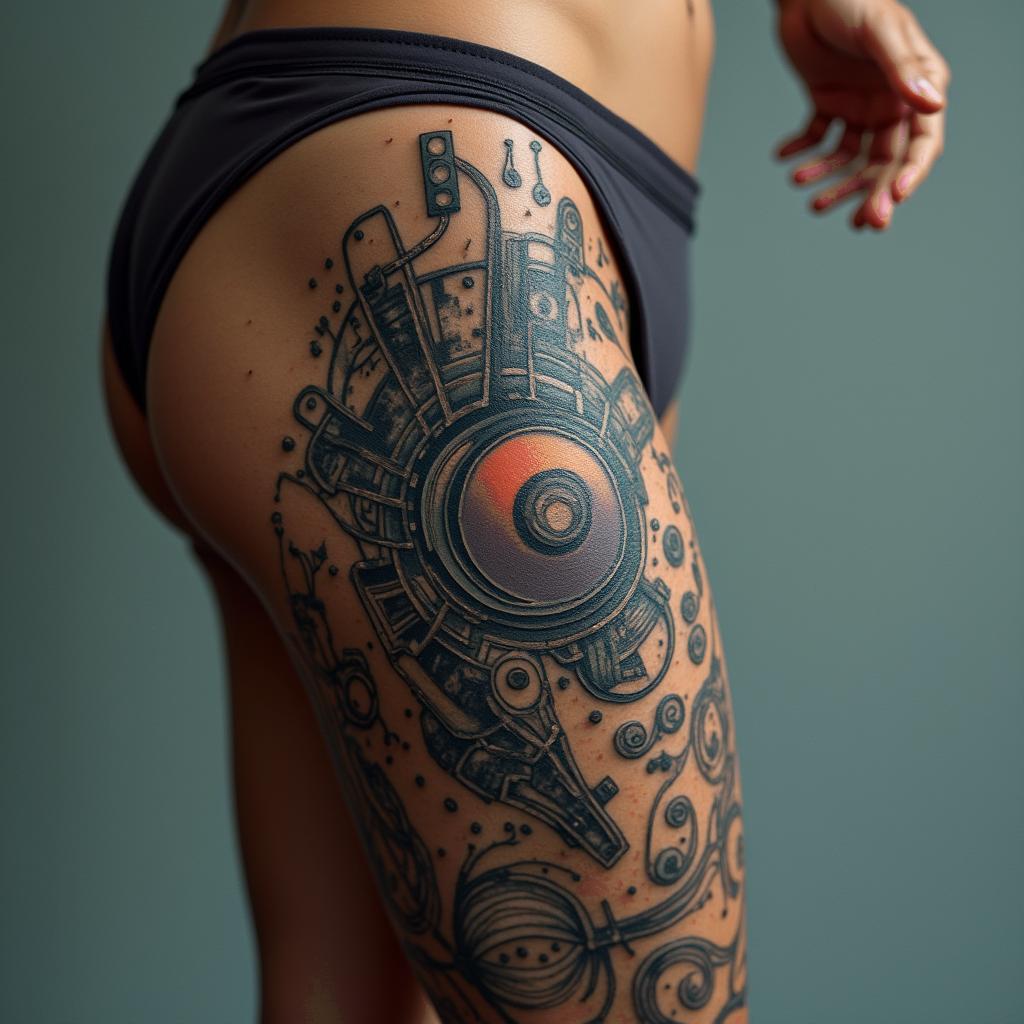 Cover uptattoo in biomechanic style, the tattoo covered by robotic elements of futuristic cyberpunk design, robotic features detail, showcasing intricate mechanical components - Variation 5