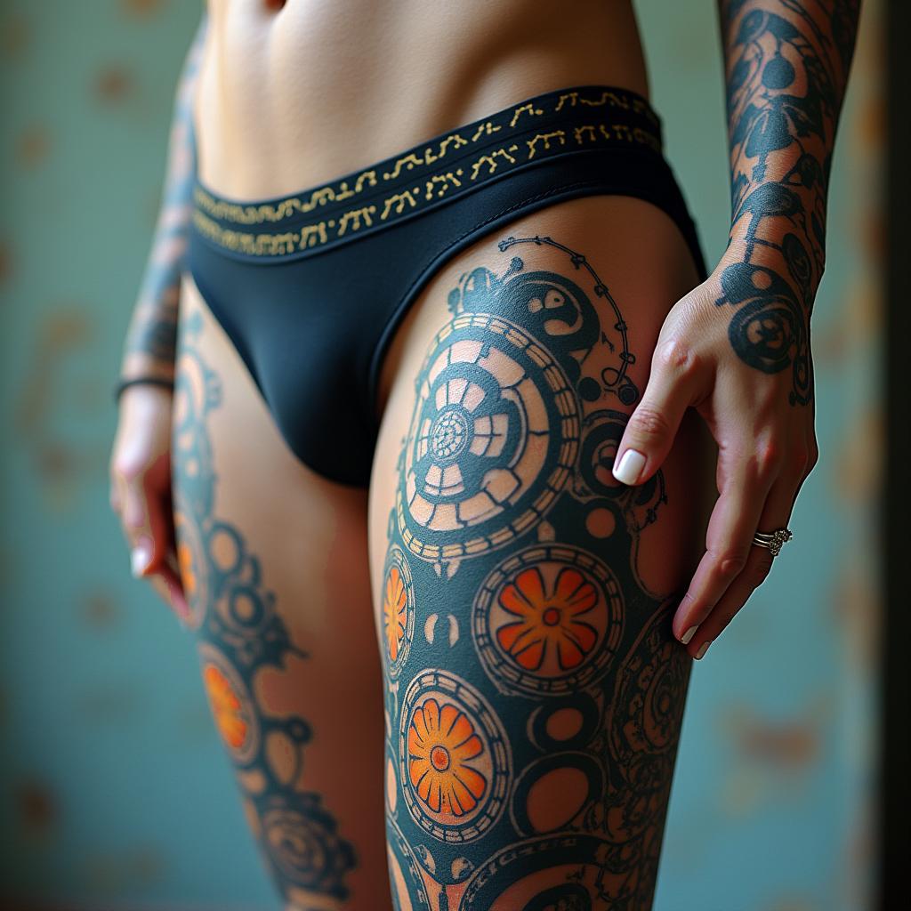 Cover uptattoo in biomechanic style, the tattoo covered by robotic elements of futuristic cyberpunk design, robotic features detail, showcasing intricate mechanical components - Variation 6