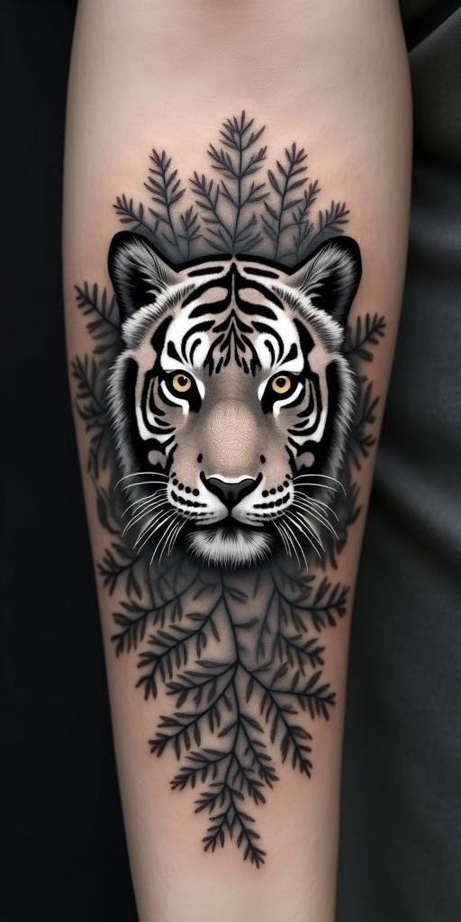 Tiger with intense eyes in a junglein minimalist style tattoo, featuring simple shapes and fine lines, with minimal shading and details, tiny triangles, creating a sense of balance and harmony - Variation 2