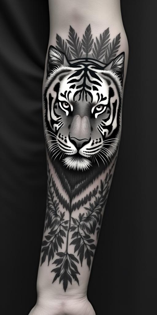 Tiger with intense eyes in a junglein minimalist style tattoo, featuring simple shapes and fine lines, with minimal shading and details, tiny triangles, creating a sense of balance and harmony - Variation 3