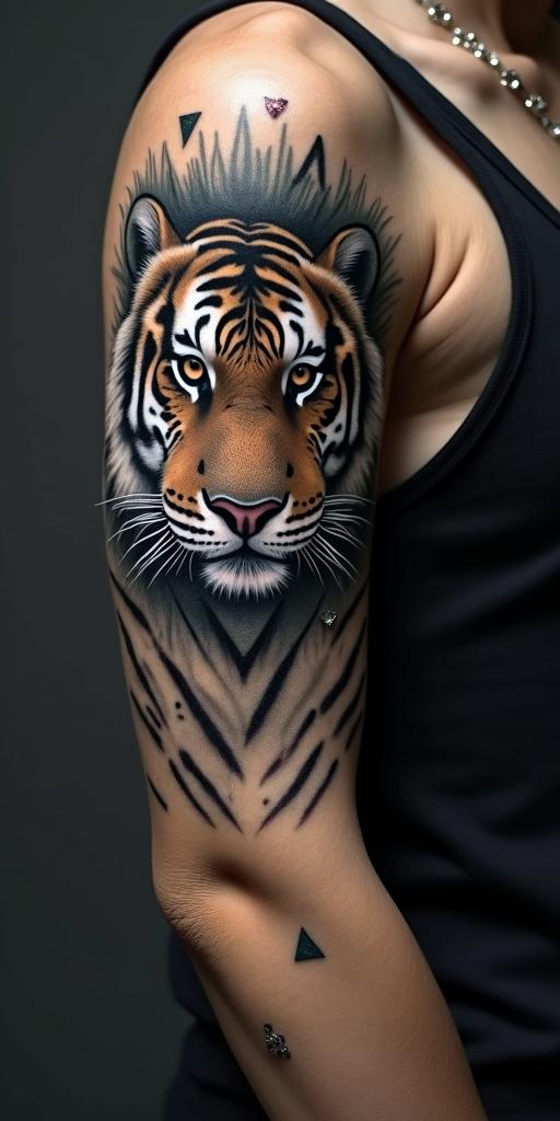 Tiger with intense eyes in a junglein minimalist style tattoo, featuring simple shapes and fine lines, with minimal shading and details, tiny triangles, creating a sense of balance and harmony - Variation 4