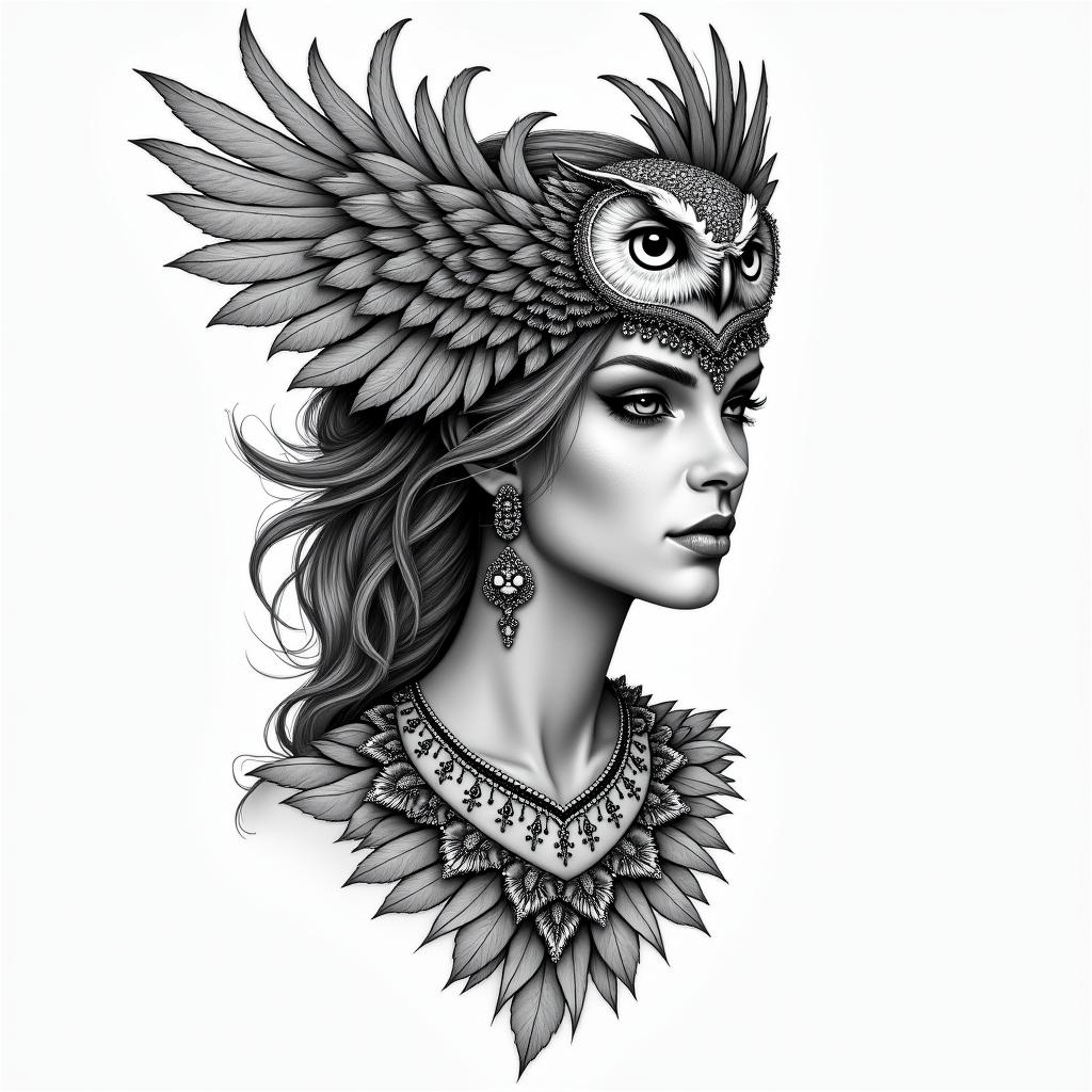 Princess with owl headdressin bohemian style tattoo, 8k - Variation 2