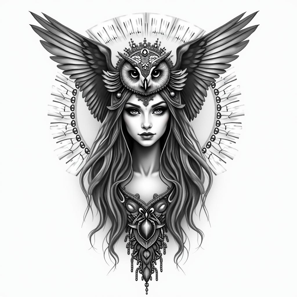 Princess with owl headdressin bohemian style tattoo, 8k - Variation 4
