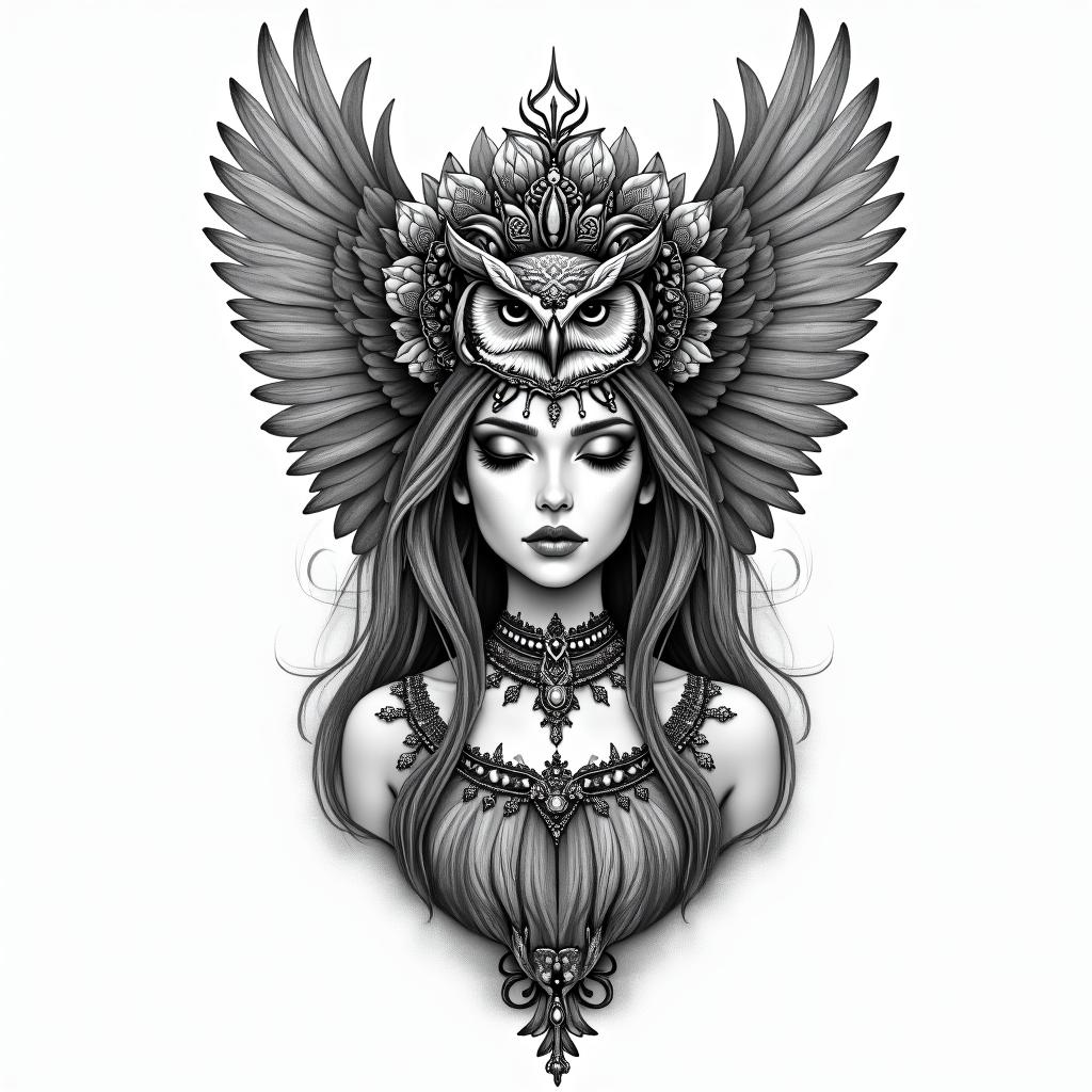 Princess with owl headdressin bohemian style tattoo, 8k - Variation 3