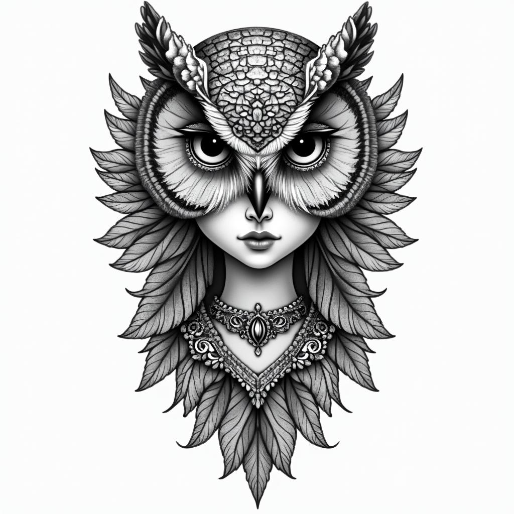 Princess with owl headdressin bohemian style tattoo, 8k