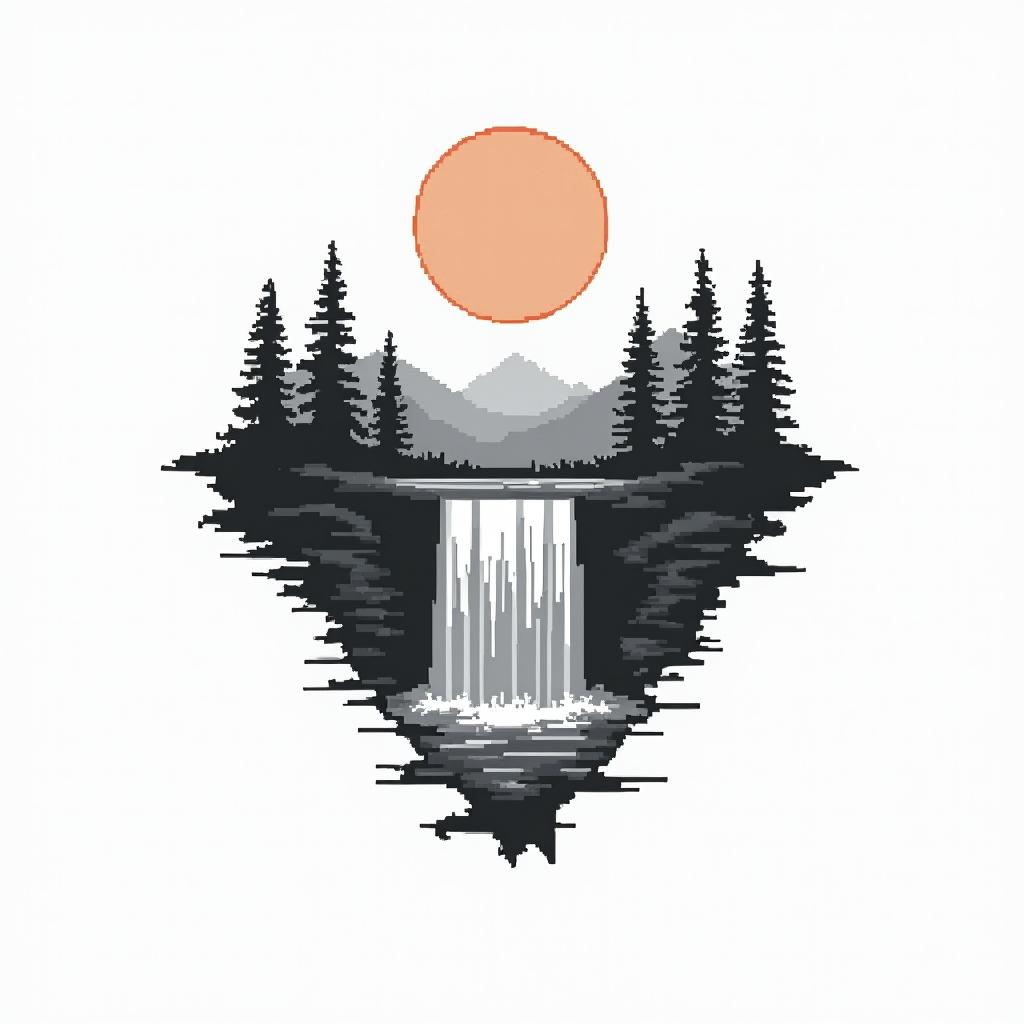 PNW, waterfall, sun, orca,in 8-bit tattoo style, minimalistic pixel style tattoo, pixel art with simplified shapes and retro gaming visuals, inspired by 8-bit pixel based detailing - Variation 2