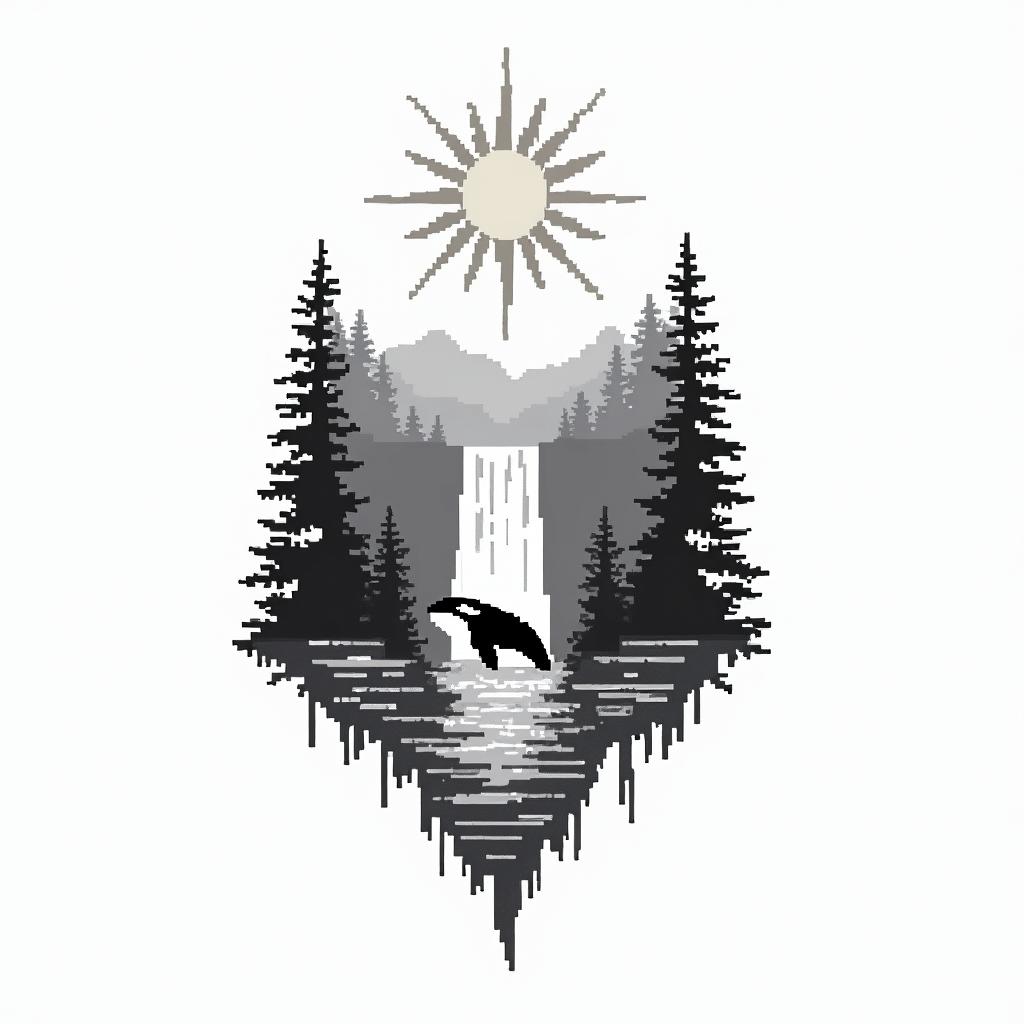 PNW, waterfall, sun, orca,in 8-bit tattoo style, minimalistic pixel style tattoo, pixel art with simplified shapes and retro gaming visuals, inspired by 8-bit pixel based detailing - Variation 4