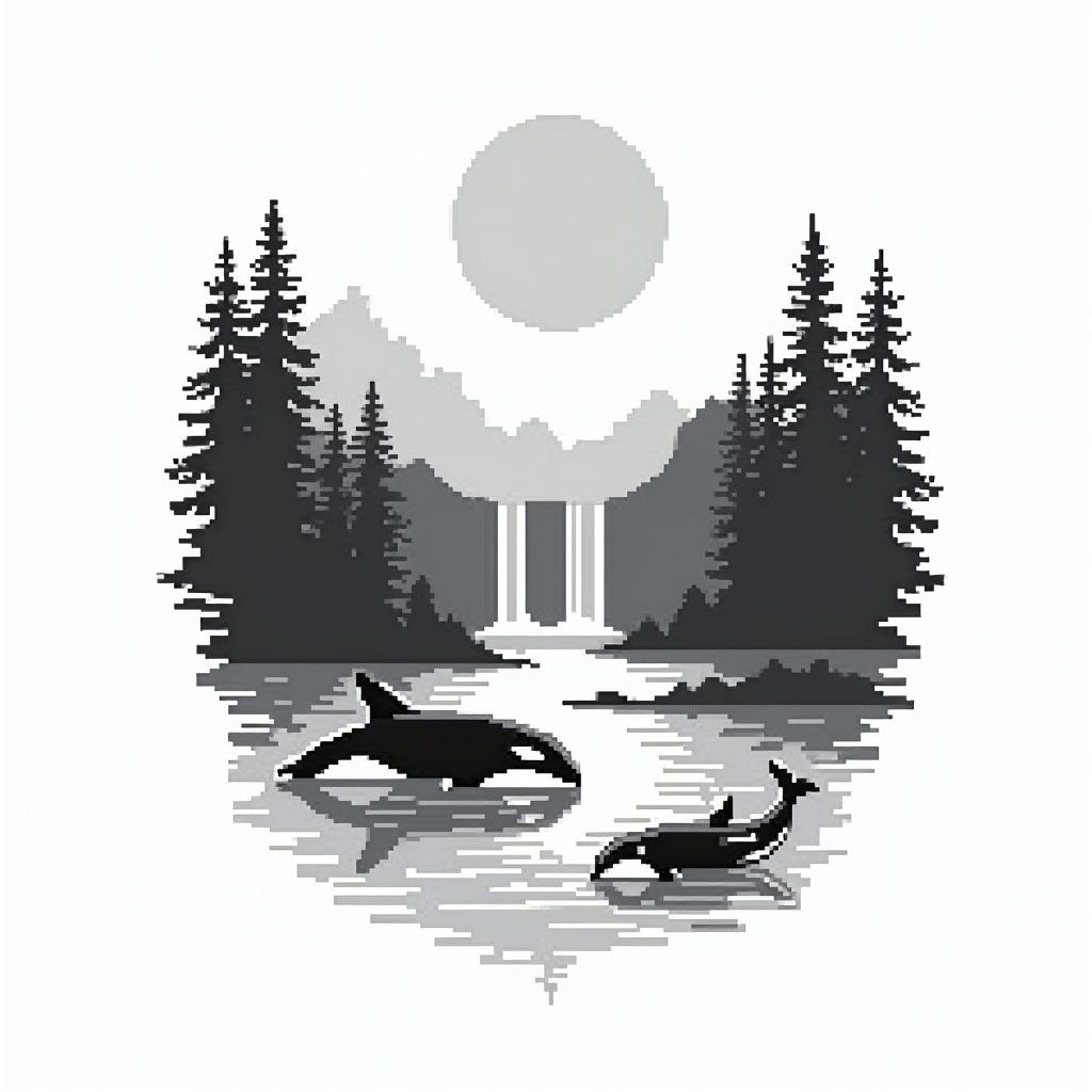 PNW, waterfall, sun, orca,in 8-bit tattoo style, minimalistic pixel style tattoo, pixel art with simplified shapes and retro gaming visuals, inspired by 8-bit pixel based detailing