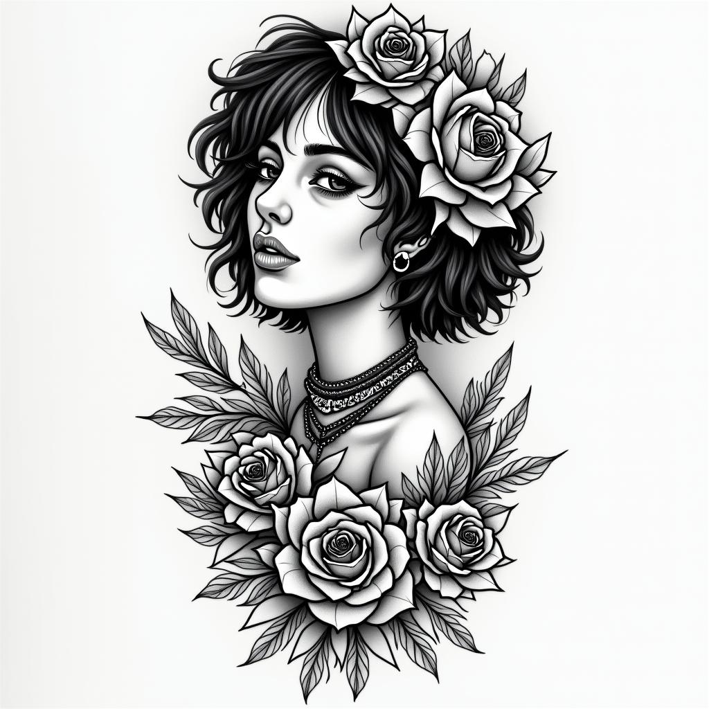 Michelle, Leo, Albuquerque New Mexicoin authentic tattoo style, incorporating traditional modifications, bold black outlines, solid color fills, featuring classic authentic elements - Variation 1