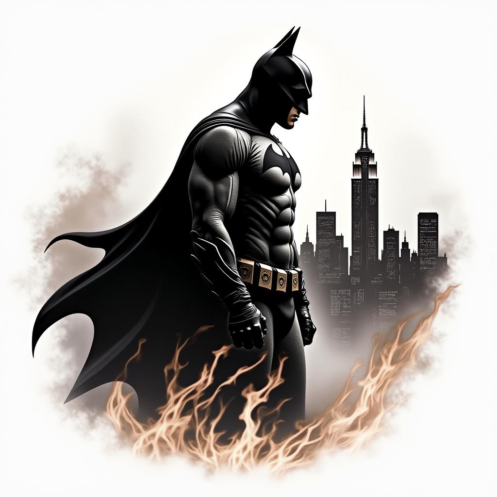 Silhouette of Batman against a Gotham skylinein flame tattoo style showcasing fiery elements with dynamic flame patterns, glowing effect of flames, natural colors - Variation 1