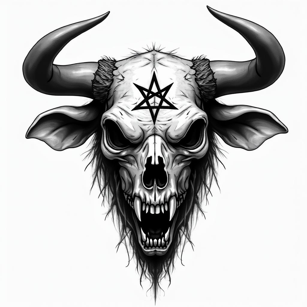 Bullcreepy horror tattoo style, featuring an eerie and unsettling skull of a demonic creature, distorted face with sharp fangs, add pentagram symbol - Variation 4