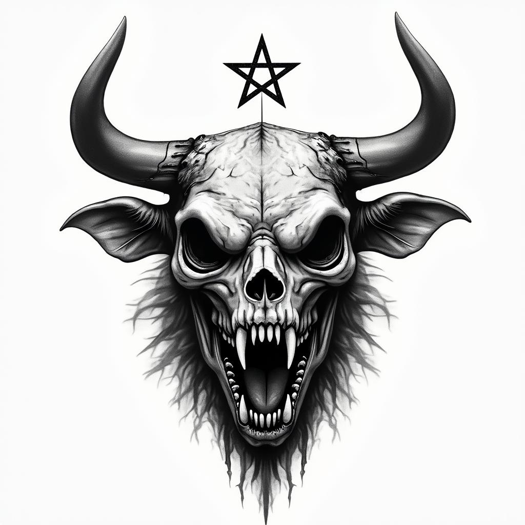 Bullcreepy horror tattoo style, featuring an eerie and unsettling skull of a demonic creature, distorted face with sharp fangs, add pentagram symbol