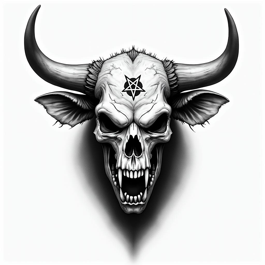 Bullcreepy horror tattoo style, featuring an eerie and unsettling skull of a demonic creature, distorted face with sharp fangs, add pentagram symbol - Variation 3
