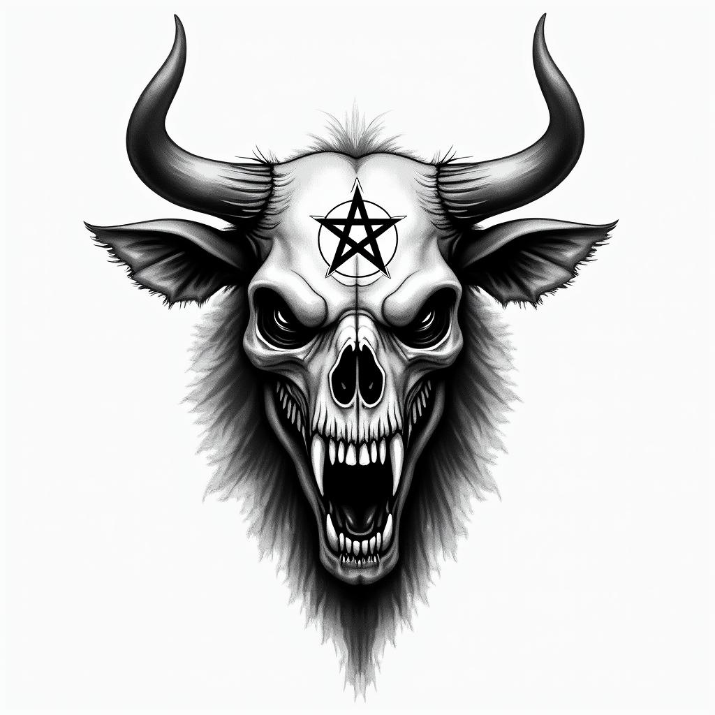 Bullcreepy horror tattoo style, featuring an eerie and unsettling skull of a demonic creature, distorted face with sharp fangs, add pentagram symbol - Variation 2