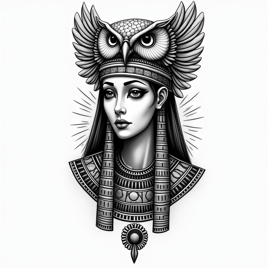 Princess with owl headdressin egyptian style tattoo, bold elements of ancient egyptian culture including a portrait of an Egyptian pharaoh with detailed facial features, in hieroglyphs and symbolic imagery, eye of horus, ankh symbol, scarab beetle