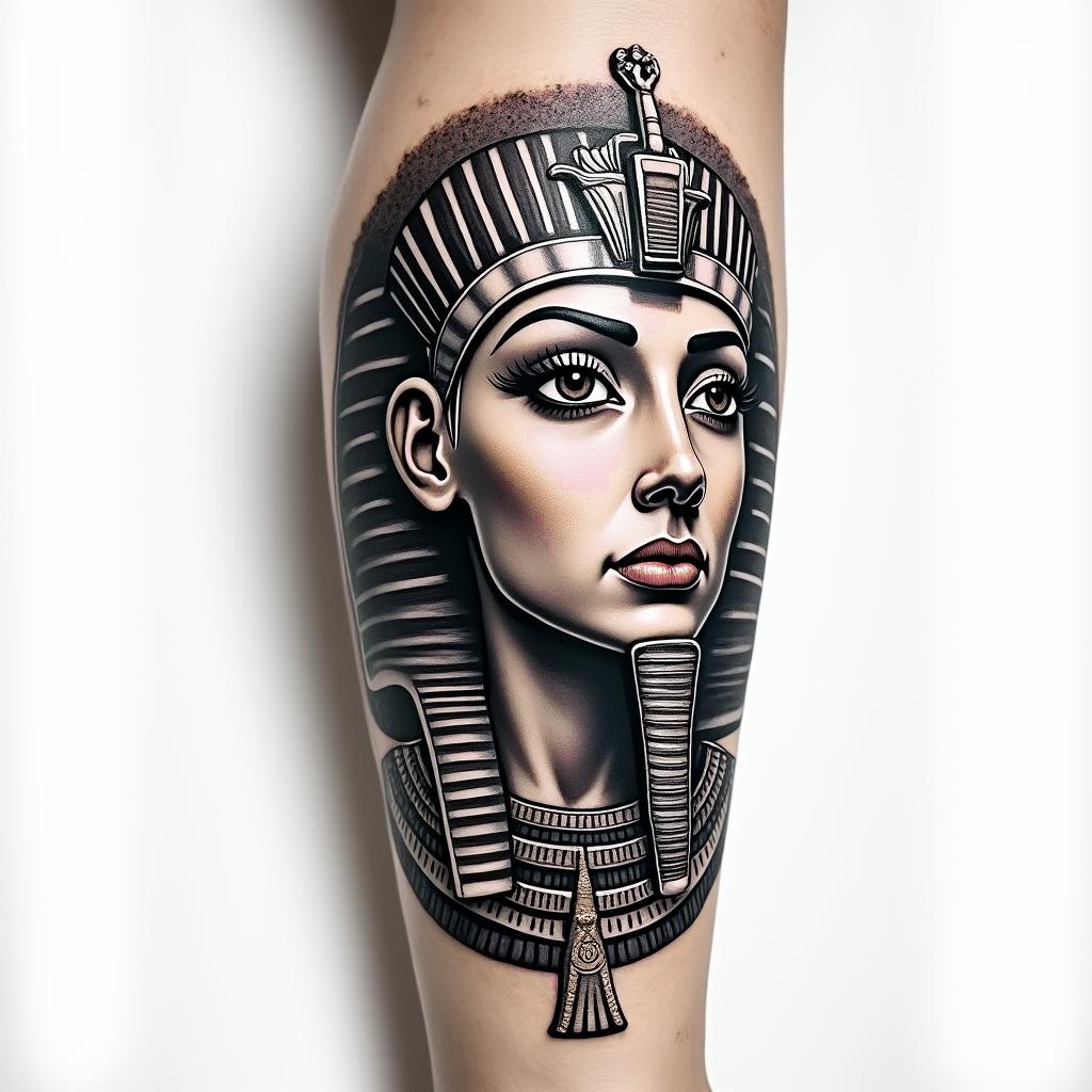 Michelle, Leo, Albuquerque New Mexicoin egyptian style tattoo, bold elements of ancient egyptian culture including a portrait of an Egyptian pharaoh with detailed facial features, in hieroglyphs and symbolic imagery, eye of horus, ankh symbol, scarab beetle - Variation 4