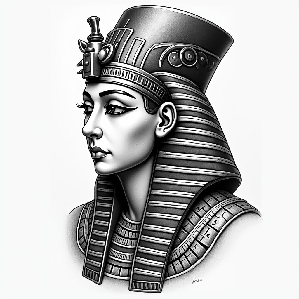 Michelle, Leo, Albuquerque New Mexicoin egyptian style tattoo, bold elements of ancient egyptian culture including a portrait of an Egyptian pharaoh with detailed facial features, in hieroglyphs and symbolic imagery, eye of horus, ankh symbol, scarab beetle - Variation 2