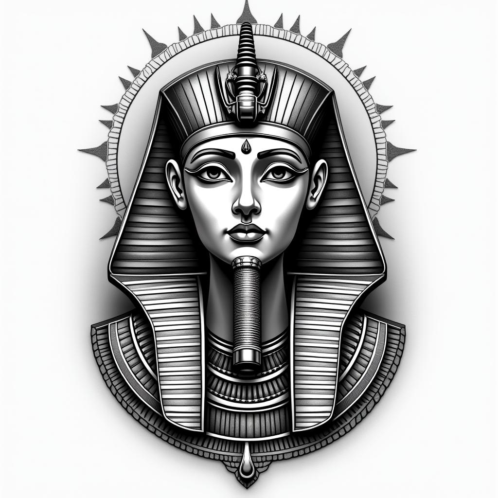 Michelle, Leo, Albuquerque New Mexicoin egyptian style tattoo, bold elements of ancient egyptian culture including a portrait of an Egyptian pharaoh with detailed facial features, in hieroglyphs and symbolic imagery, eye of horus, ankh symbol, scarab beetle - Variation 3