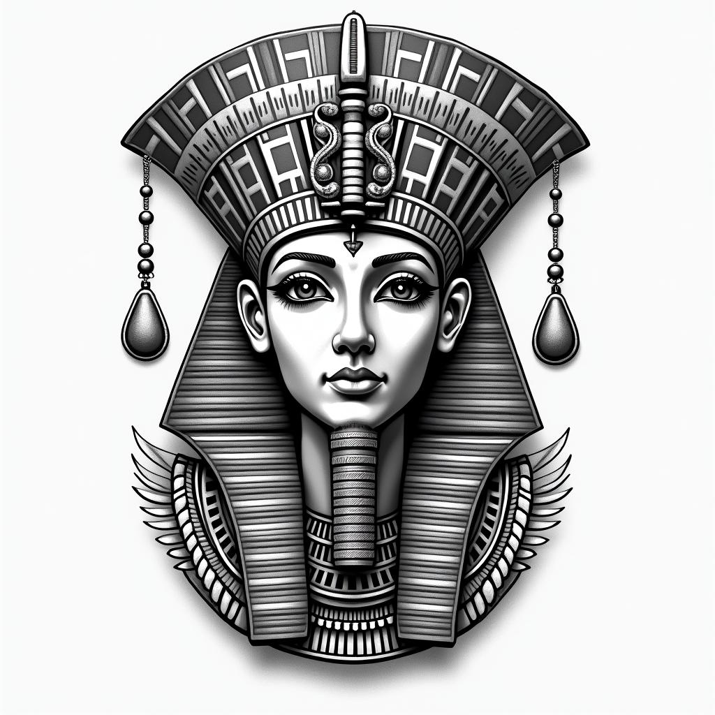 Michelle, Leo, Albuquerque New Mexicoin egyptian style tattoo, bold elements of ancient egyptian culture including a portrait of an Egyptian pharaoh with detailed facial features, in hieroglyphs and symbolic imagery, eye of horus, ankh symbol, scarab beetle - Variation 1