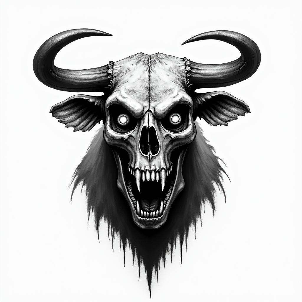 Bull in horror tattoo style, showcasing haunting and unsettling, dark and gritty textures with skulls, eerie faces, jgged designs, bold and intense shading