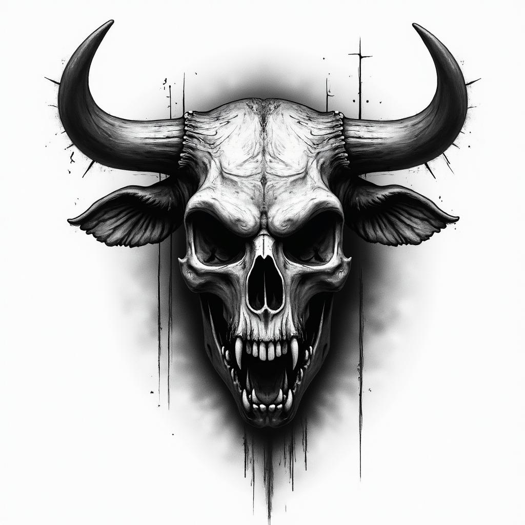 Bull in horror tattoo style, showcasing haunting and unsettling, dark and gritty textures with skulls, eerie faces, jgged designs, bold and intense shading - Variation 4