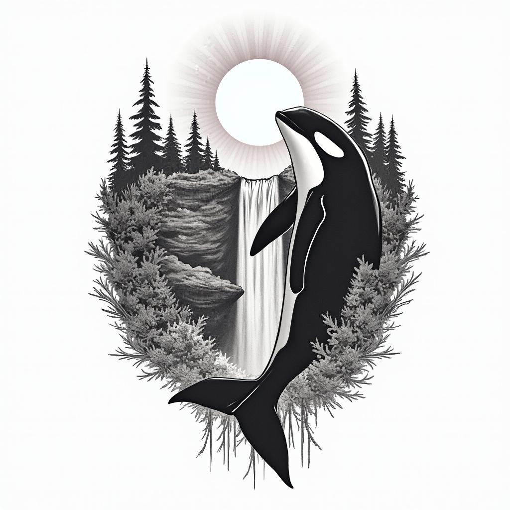 PNW, waterfall, sun, orca,in new school tattoo, pop culture, modern, detailed tattoo, illustrative