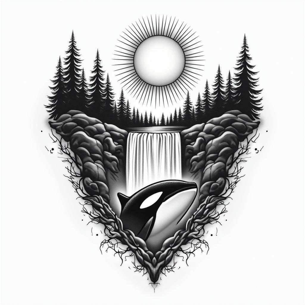 PNW, waterfall, sun, orca,in new school tattoo, pop culture, modern, detailed tattoo, illustrative - Variation 4