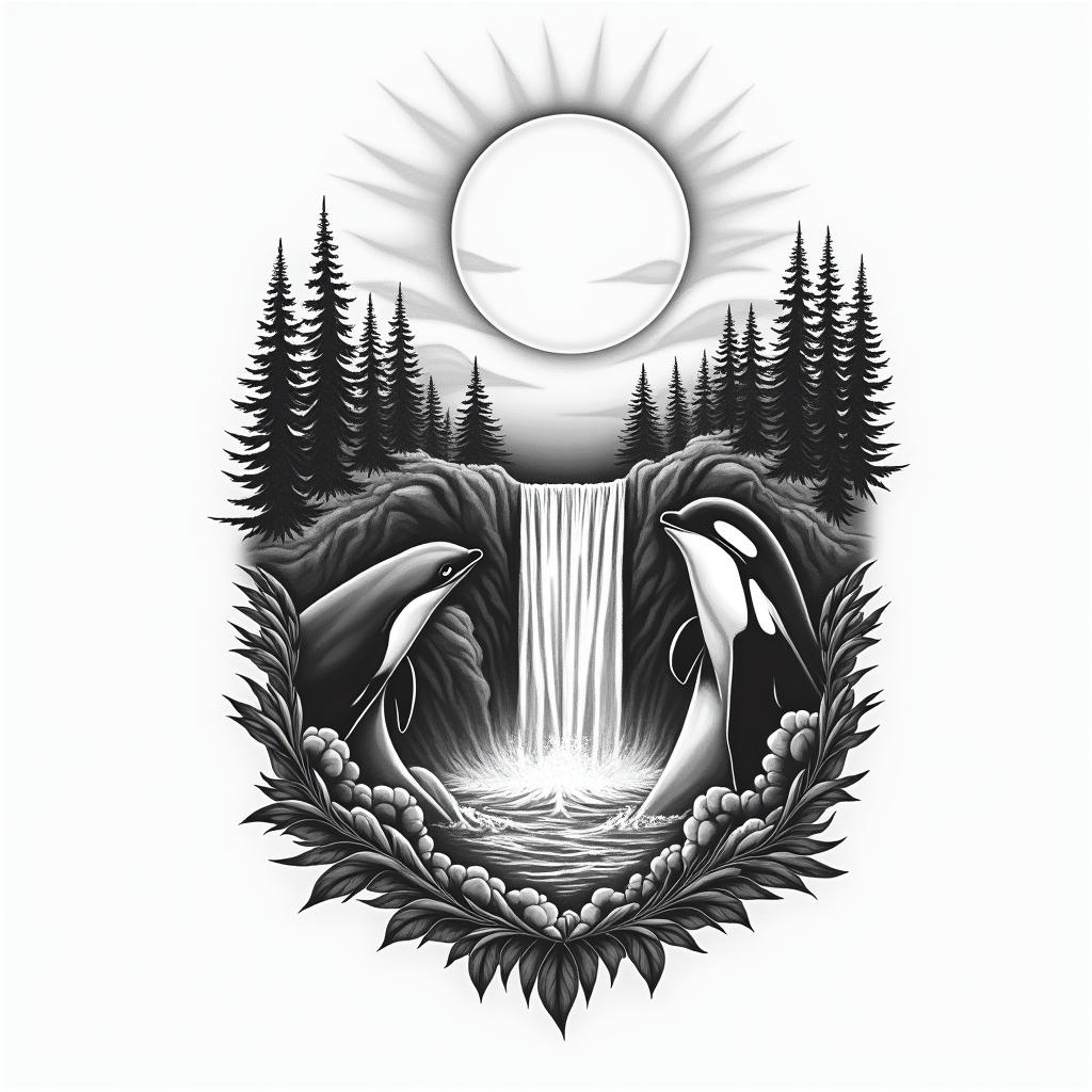 PNW, waterfall, sun, orca,in new school tattoo, pop culture, modern, detailed tattoo, illustrative - Variation 3