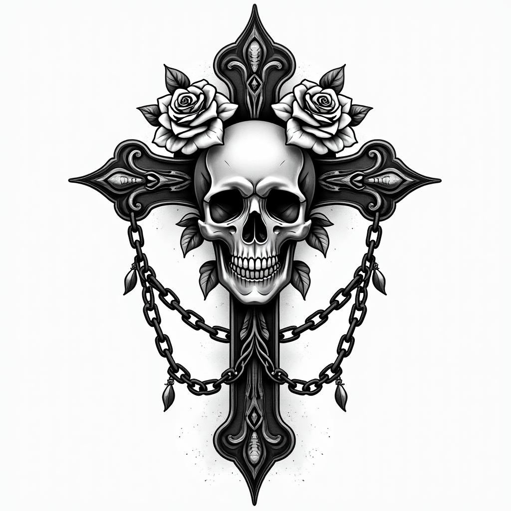 Refine children's names Eva Raphaël Elysa transmission valuein chicano style tattoo, featuring intricate black and grey shading, bold elements of traditional chicano culture symbols, add a big cross with skull, chains and roses - Variation 3