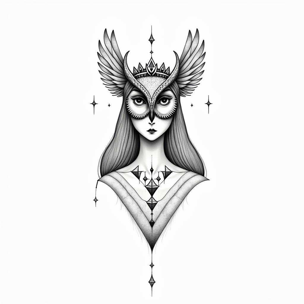 Princess with owl headdressin minimalist style tattoo, featuring simple shapes and fine lines, with minimal shading and details, tiny triangles, creating a sense of balance and harmony - Variation 3