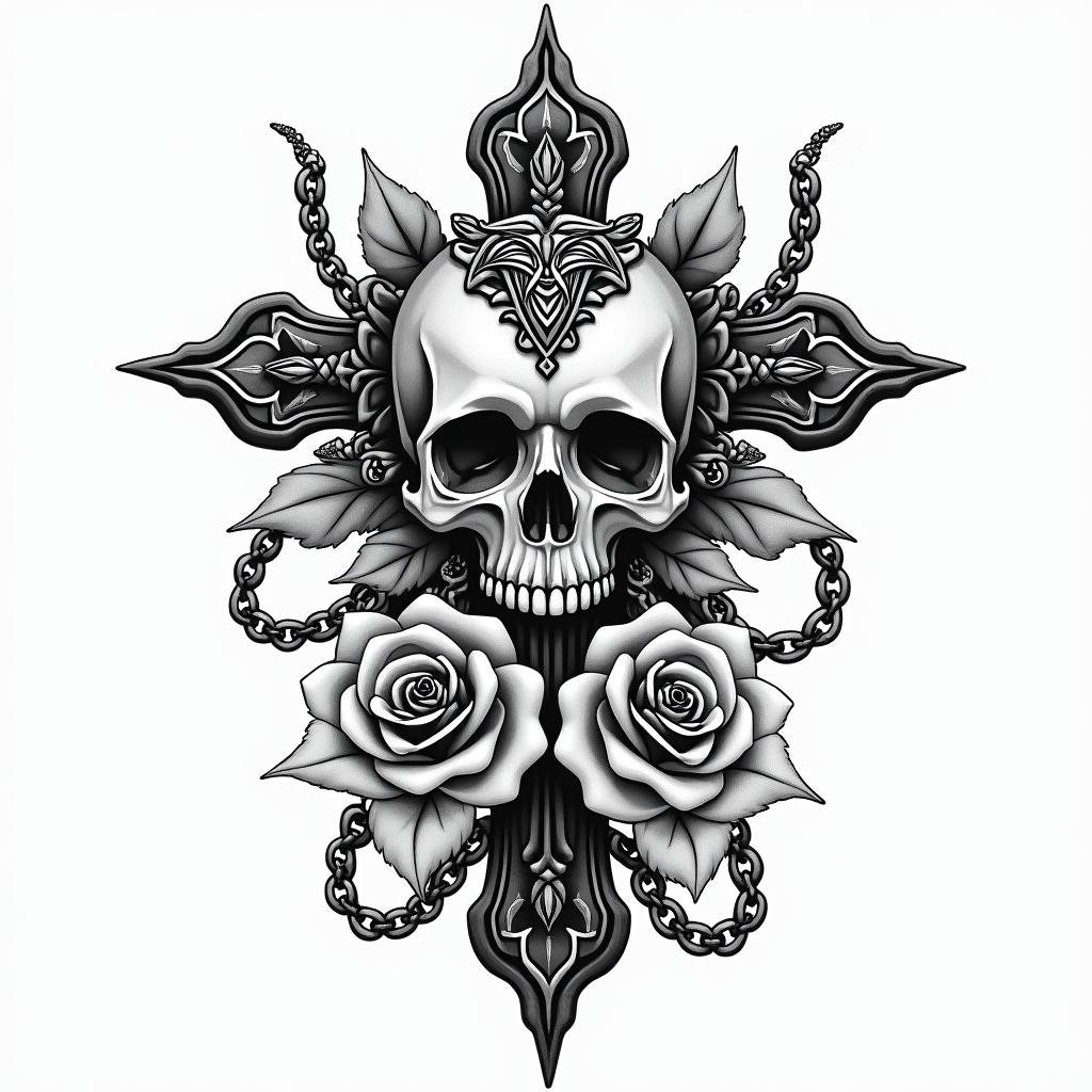 Refine children's names Eva Raphaël Elysa transmission valuein chicano style tattoo, featuring intricate black and grey shading, bold elements of traditional chicano culture symbols, add a big cross with skull, chains and roses - Variation 4
