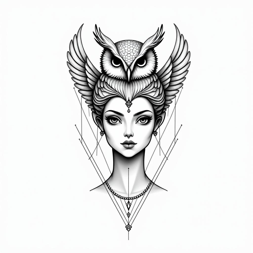 Princess with owl headdressin minimalist style tattoo, featuring simple shapes and fine lines, with minimal shading and details, tiny triangles, creating a sense of balance and harmony - Variation 4