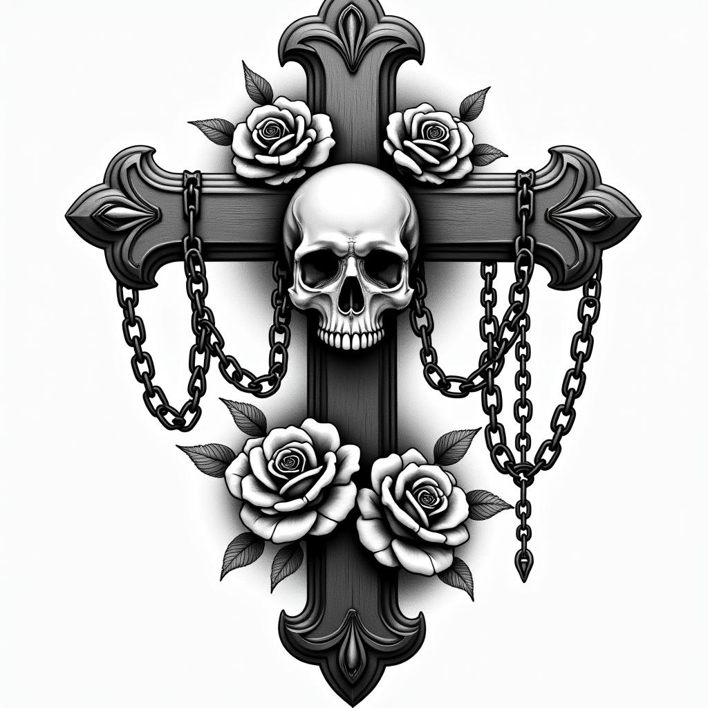 Refine children's names Eva Raphaël Elysa transmission valuein chicano style tattoo, featuring intricate black and grey shading, bold elements of traditional chicano culture symbols, add a big cross with skull, chains and roses - Variation 2