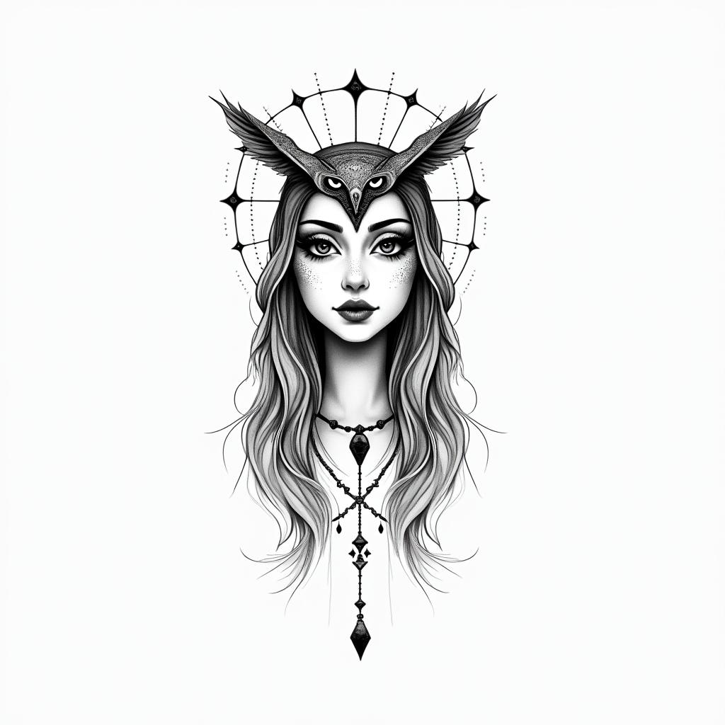 Princess with owl headdressin minimalist style tattoo, featuring simple shapes and fine lines, with minimal shading and details, tiny triangles, creating a sense of balance and harmony