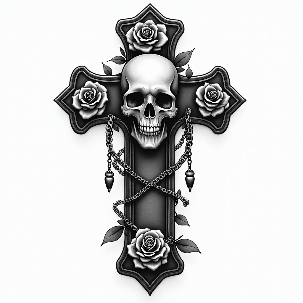 Refine children's names Eva Raphaël Elysa transmission valuein chicano style tattoo, featuring intricate black and grey shading, bold elements of traditional chicano culture symbols, add a big cross with skull, chains and roses