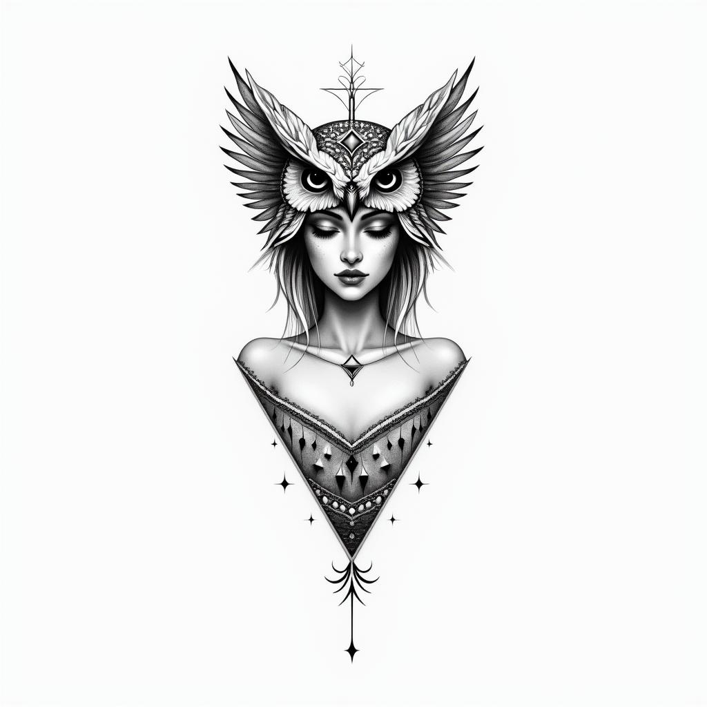 Princess with owl headdressin minimalist style tattoo, featuring simple shapes and fine lines, with minimal shading and details, tiny triangles, creating a sense of balance and harmony - Variation 2