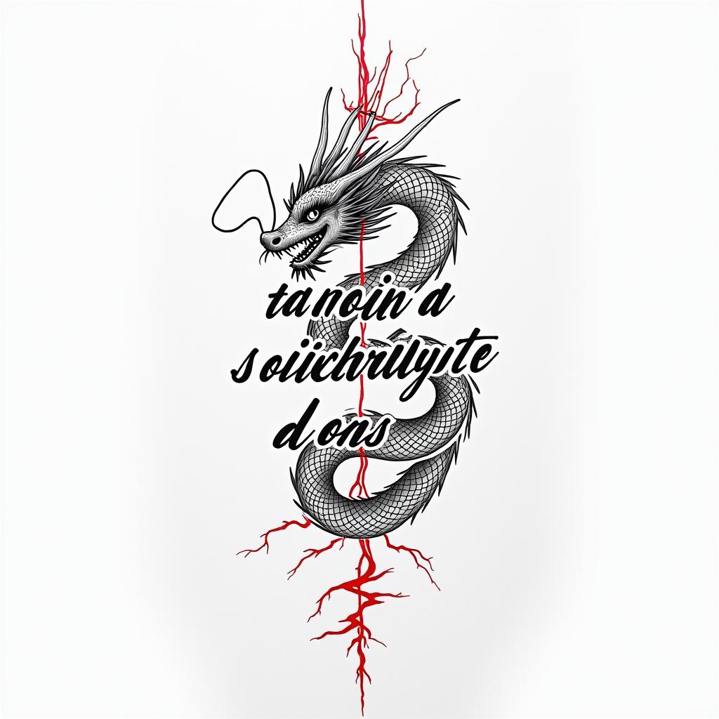 A micro realistic fineline tattoo featuring the cursive phrase there is no such thing as a difficulty only challenge the text is elegantly intertwined with a Japanese dragon that has a clear lines and shading for depth, wrapped around a string red lightning bold, the dragon embodies strength and resilience, adding three overall meaning of the tattohigly detailed tattoo