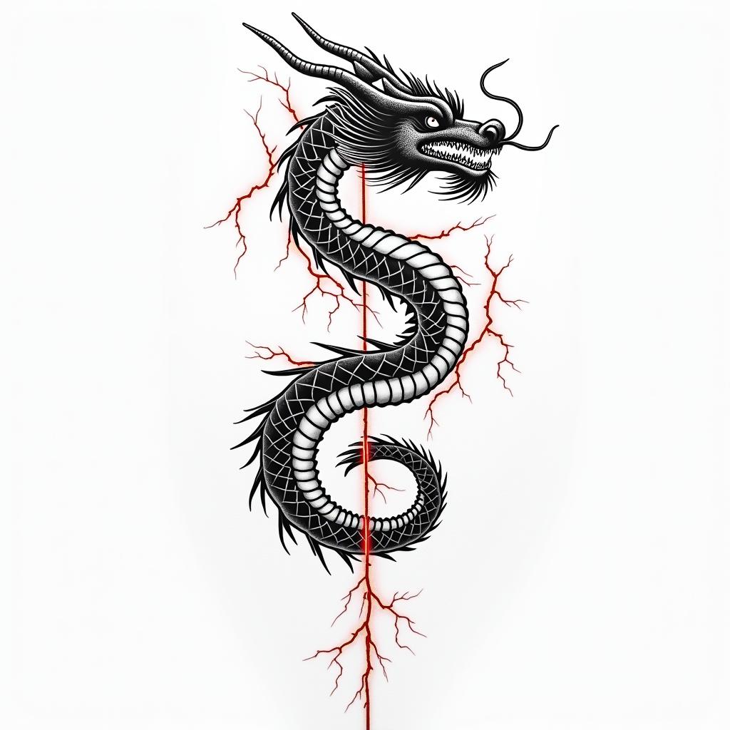 A micro realistic fineline tattoo featuring the cursive phrase there is no such thing as a difficulty only challenge the text is elegantly intertwined with a Japanese dragon that has a clear lines and shading for depth, wrapped around a string red lightning bold, the dragon embodies strength and resilience, adding three overall meaning of the tattohigly detailed tattoo - Variation 3