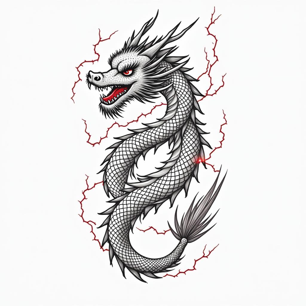 A micro realistic fineline tattoo featuring the cursive phrase there is no such thing as a difficulty only challenge the text is elegantly intertwined with a Japanese dragon that has a clear lines and shading for depth, wrapped around a string red lightning bold, the dragon embodies strength and resilience, adding three overall meaning of the tattohigly detailed tattoo - Variation 2