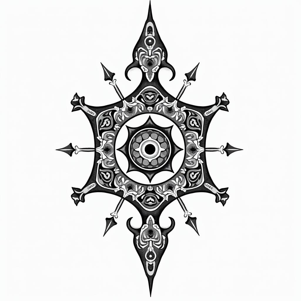 Laëticia, balance, Denainin spiritual symbols tattoo style, featuring an intricate design incorporating elements, Hamsa hand, third eye, minimalist composition