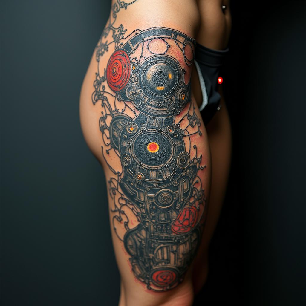 Autismtattoo in biomechanic style, the tattoo covered by robotic elements of futuristic cyberpunk design, robotic features detail, showcasing intricate mechanical components - Variation 3