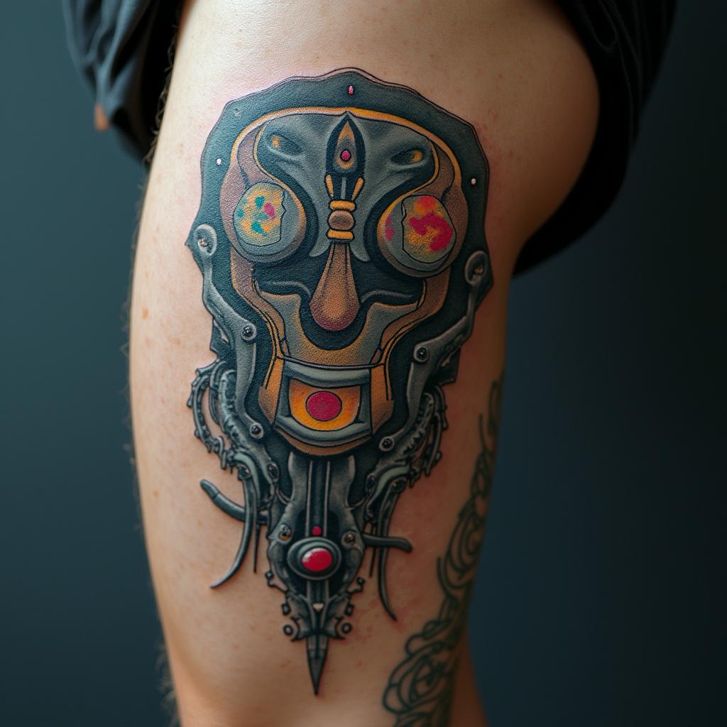 Autismtattoo in biomechanic style, the tattoo covered by robotic elements of futuristic cyberpunk design, robotic features detail, showcasing intricate mechanical components - Variation 4