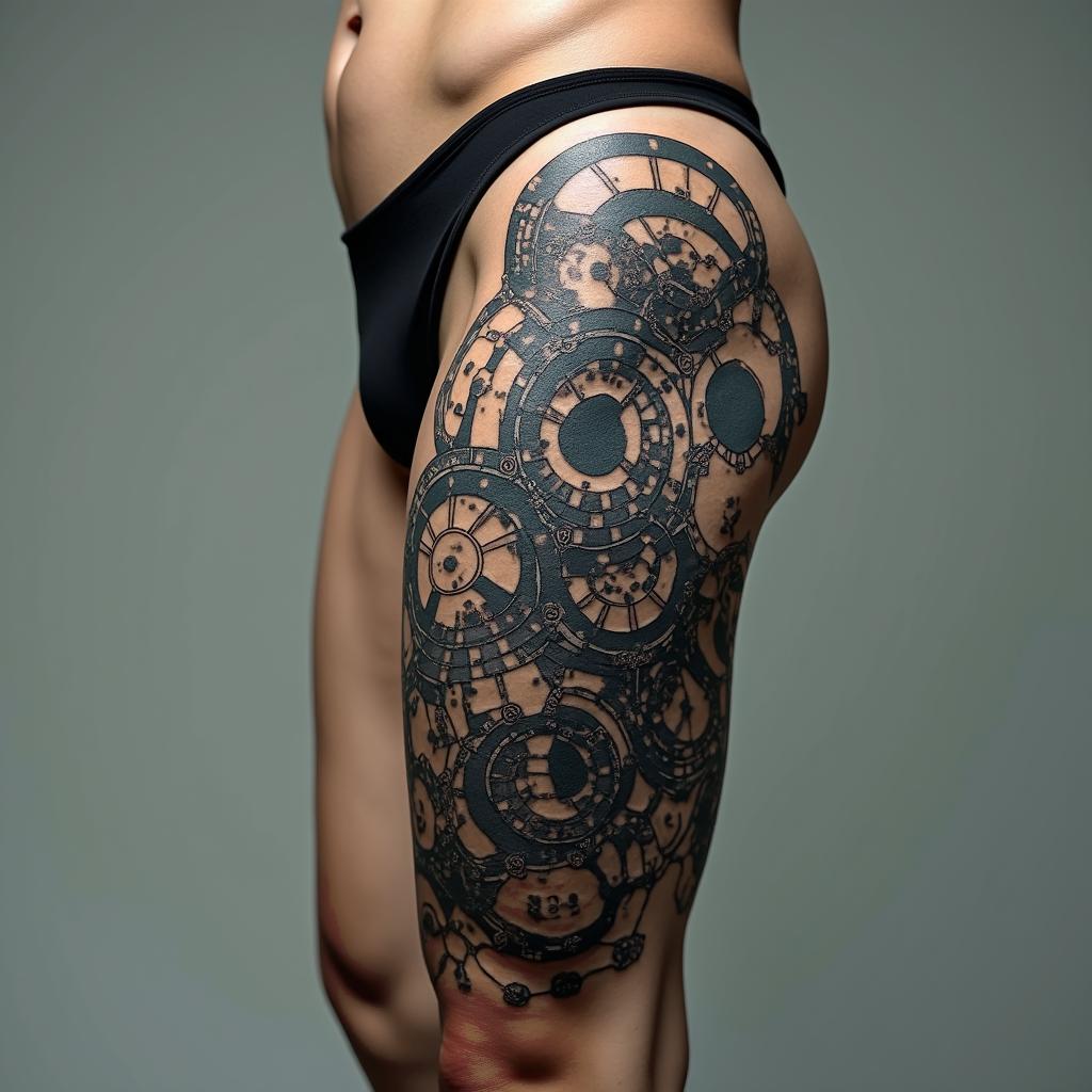 Autismtattoo in biomechanic style, the tattoo covered by robotic elements of futuristic cyberpunk design, robotic features detail, showcasing intricate mechanical components