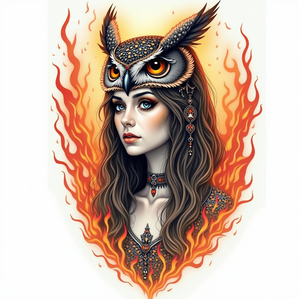 Princess with owl headdressin flame tattoo style showcasing fiery elements with dynamic flame patterns, glowing effect of flames, natural colors - Variation 4