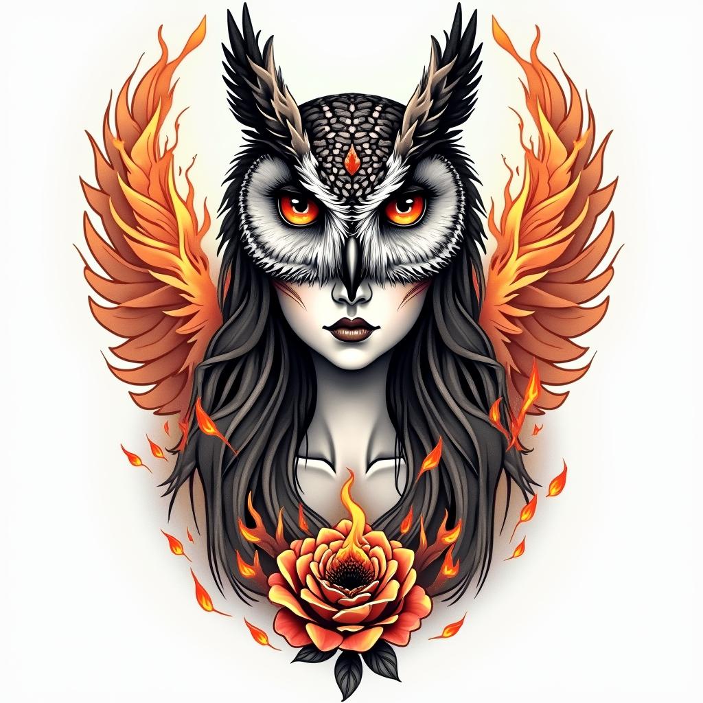 Princess with owl headdressin flame tattoo style showcasing fiery elements with dynamic flame patterns, glowing effect of flames, natural colors - Variation 3