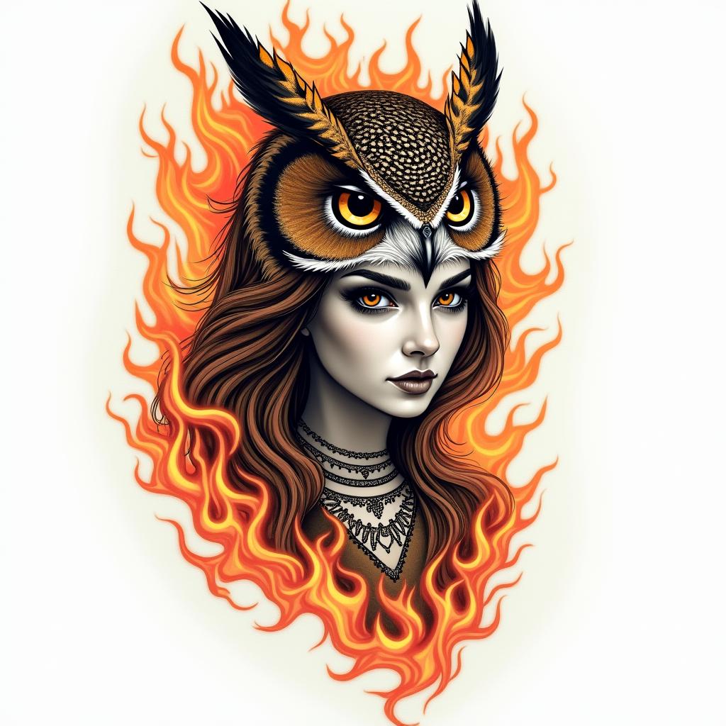 Princess with owl headdressin flame tattoo style showcasing fiery elements with dynamic flame patterns, glowing effect of flames, natural colors - Variation 2