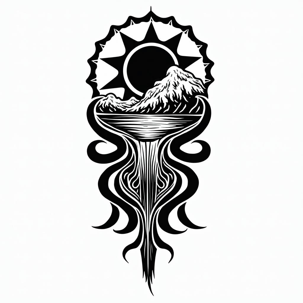 PNW, waterfall, sun, orca,in tribal tattoo style, featuring bold and black geometric shapes, curved lines, intertwine and flow seamlessly, creating a powerful and symbolic design, polynesian and maori styles - Variation 2