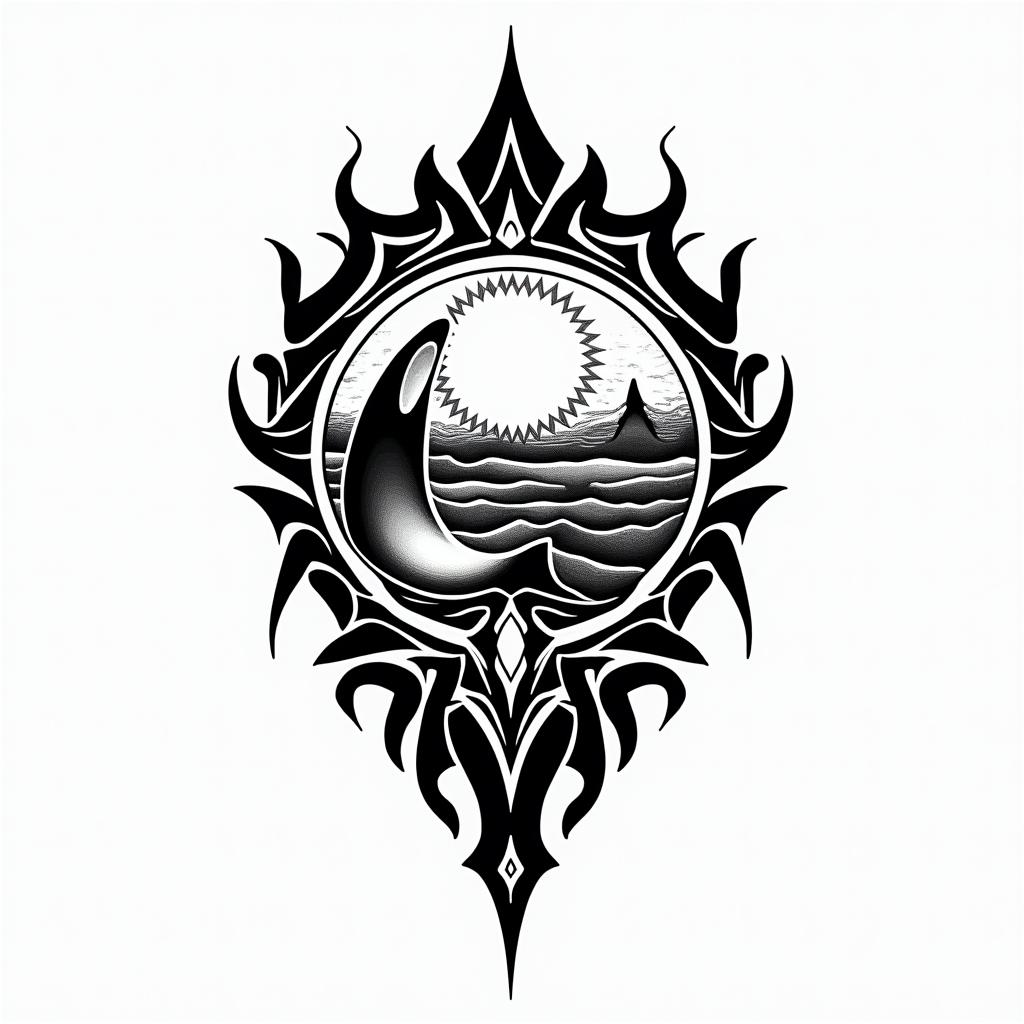 PNW, waterfall, sun, orca,in tribal tattoo style, featuring bold and black geometric shapes, curved lines, intertwine and flow seamlessly, creating a powerful and symbolic design, polynesian and maori styles