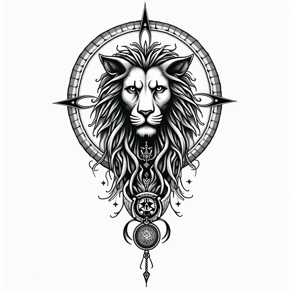 leoin paganic style tattoo, featuring ancient symbols, add vegvisir symbol, mystical figures, incorporating designs, pentagrams, runes, crescent moons, - Variation 4